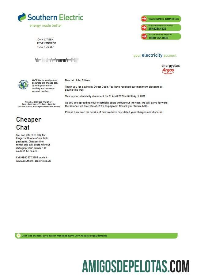 realista Modelo de comprovante de endereço da Southern Electric do Reino Unido em formato Word e PDF